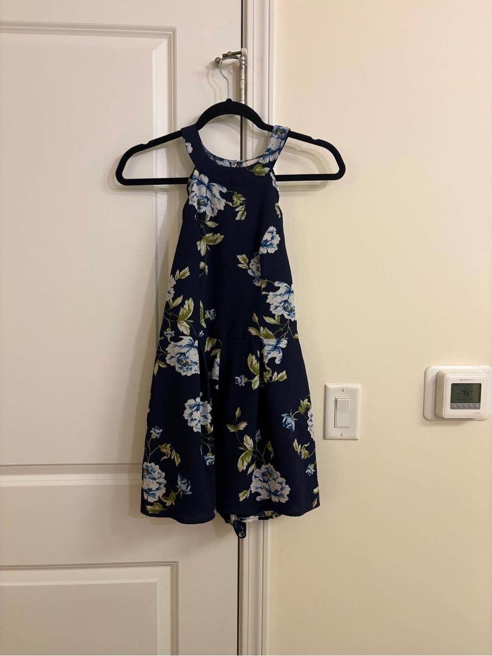 Altar'd State Navy Floral Halter Romper with Blue and Green Accents